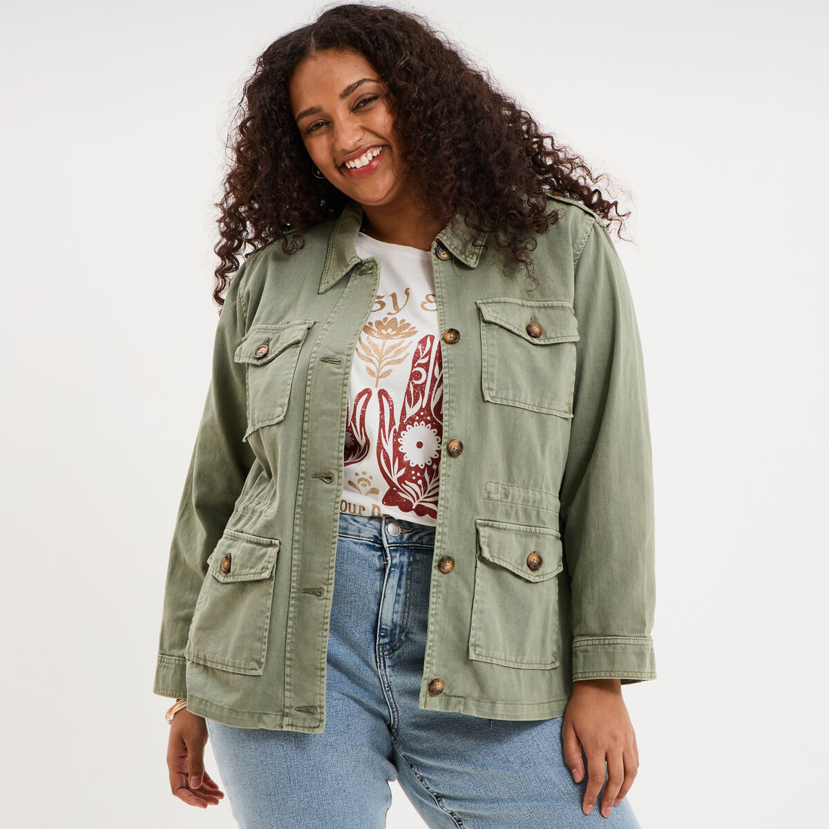Veste boutonn&eacute;e poches &agrave; rabat vert kaki femme grande taille