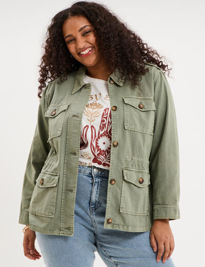 Veste boutonn&eacute;e poches &agrave; rabat vert kaki femme grande taille