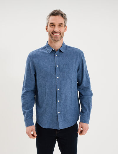Chemise manches longues lin m&eacute;lang&eacute; bleu homme