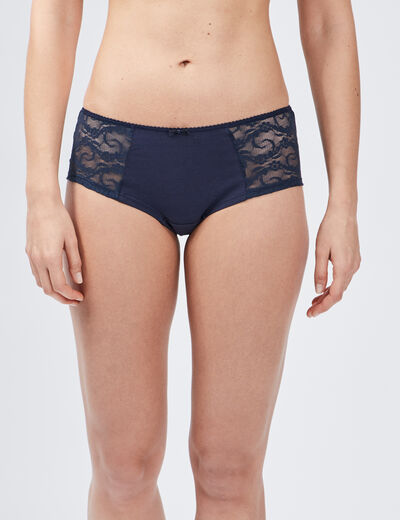Boxer en coton avec dentelle bleu marine femme