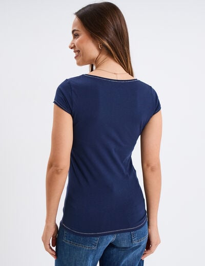 T-shirt col V ajusté manches courtes bleu marine femme