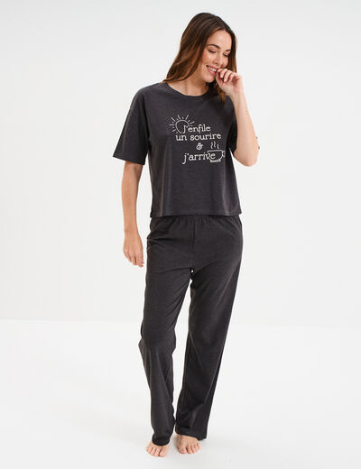 Ensemble pyjama pantalon et t-shirt gris foncé femme