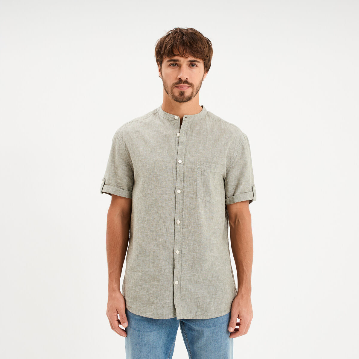 Chemise col mao lin m&eacute;lang&eacute; vert kaki homme