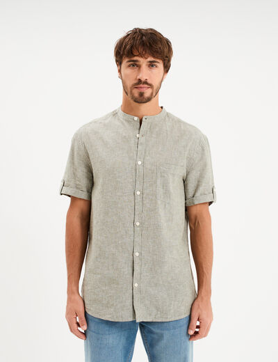 Chemise col mao lin m&eacute;lang&eacute; vert kaki homme
