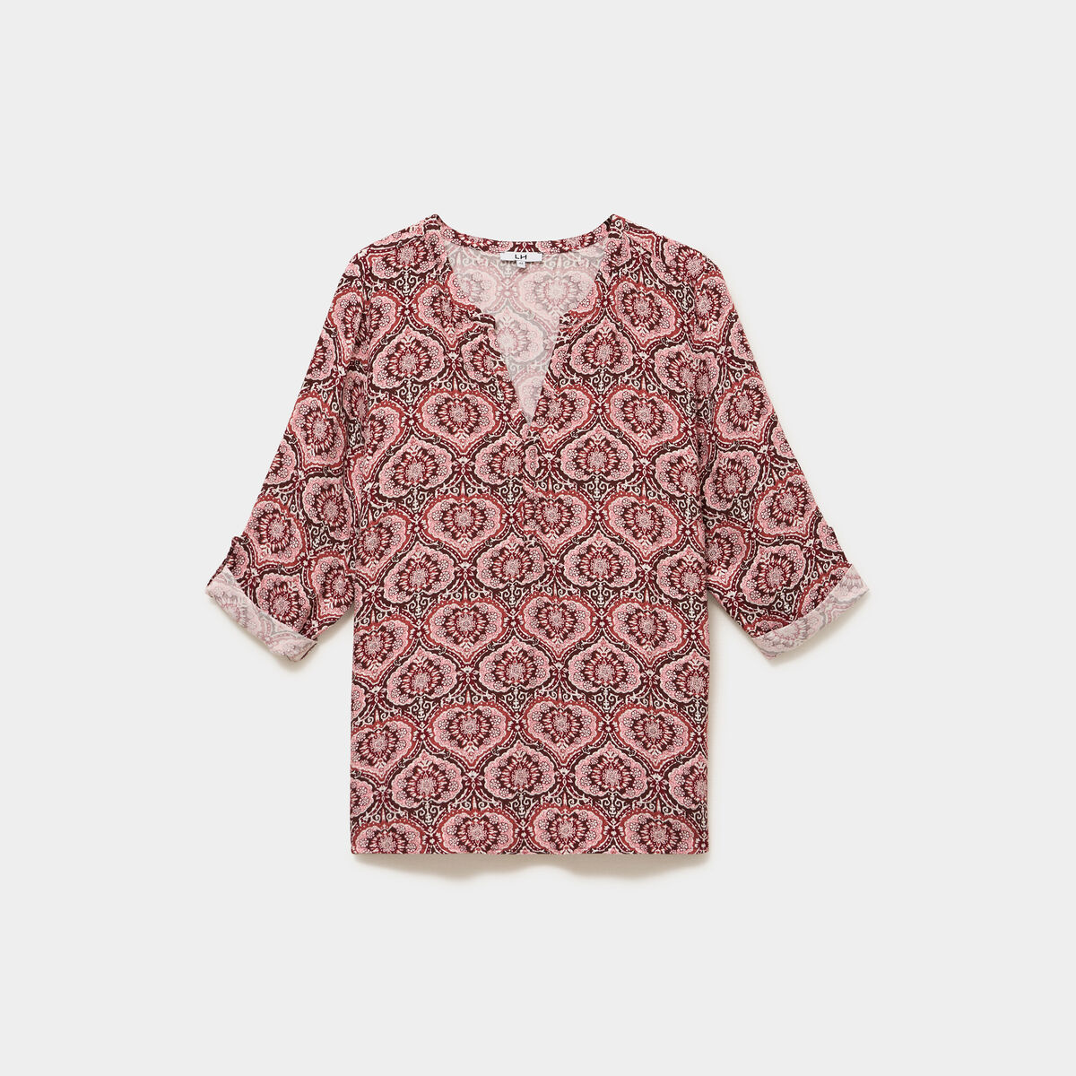 Blouse col tunisien manches 3/4 fluide marron chocolat femme grande taille