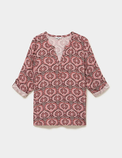 Blouse col tunisien manches 3/4 fluide marron chocolat femme grande taille
