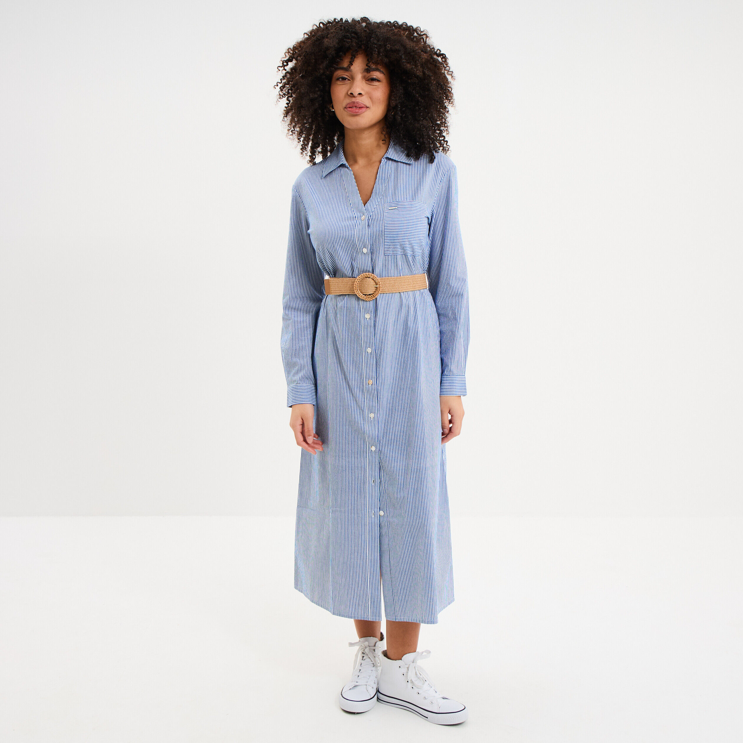Robe chemise longue ceinturée coton blanc femme