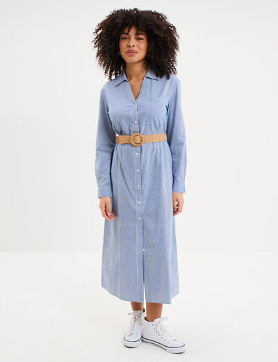 Robe chemise longue ceintur&eacute;e coton blanc femme
