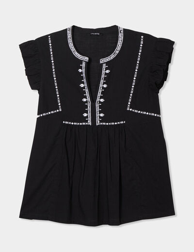 Blouse brodée à volants coton noir femme