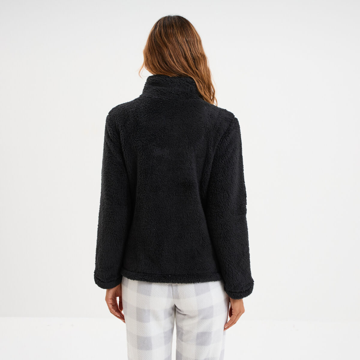 Veste effet polaire col montant noir femme