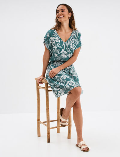 Robe caftant courte col en V vert foncé femme