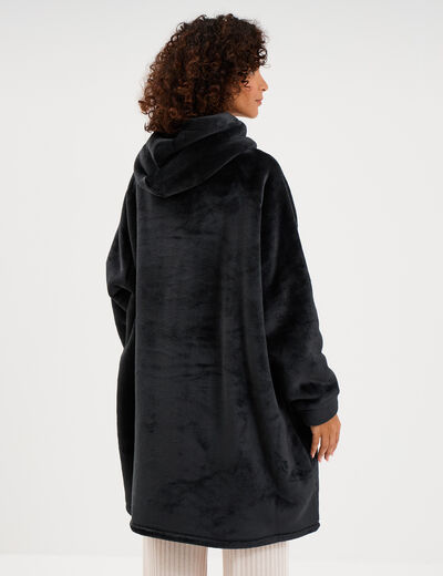 Poncho plaid effet velours &agrave; capuche gris fonc&eacute; femme