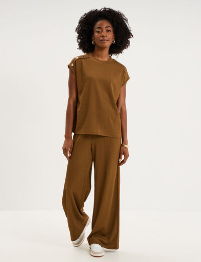Pantalon effet gaufr&eacute; fluide beige femme