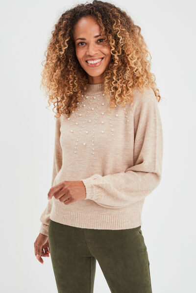 Pull avec perles et manches ballons beige femme