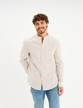Chemise col mao lin m&eacute;lang&eacute; gris clair homme