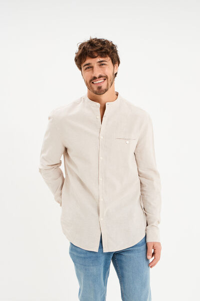 Chemise col mao lin m&eacute;lang&eacute; gris clair homme