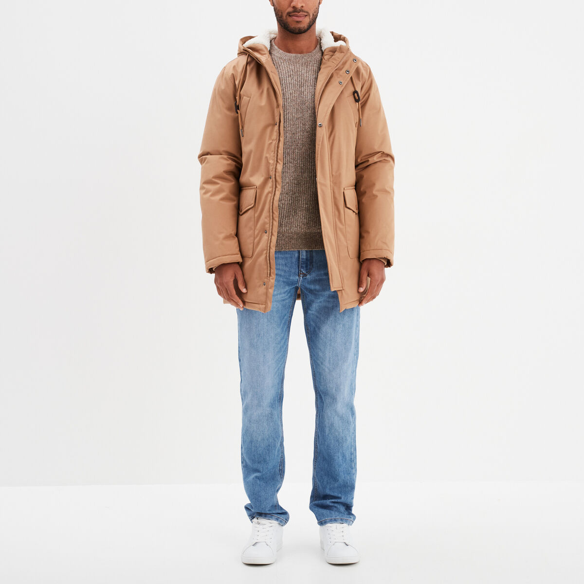 Pull col rond &agrave; manches longues taupe homme