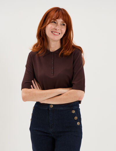 Pull col polo manches courtes marron fonc&eacute; femme