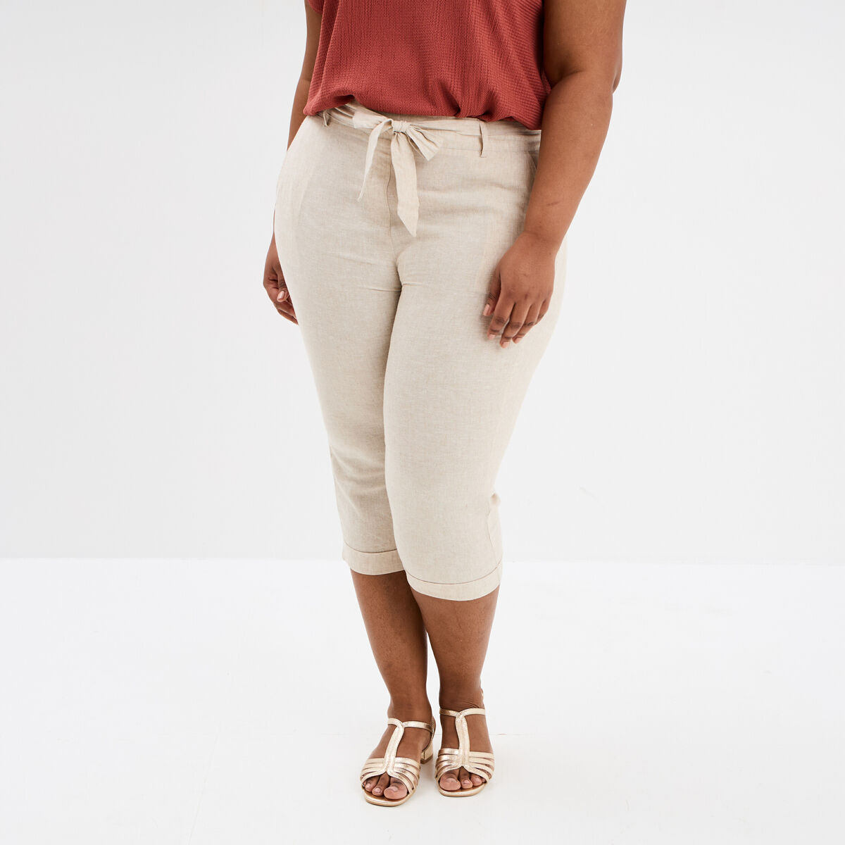 Pantacourt chino lin mélangé beige femme grande taille