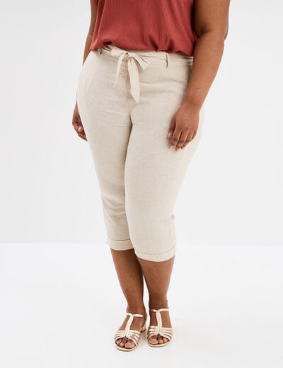 Pantacourt chino lin mélangé beige femme grande taille