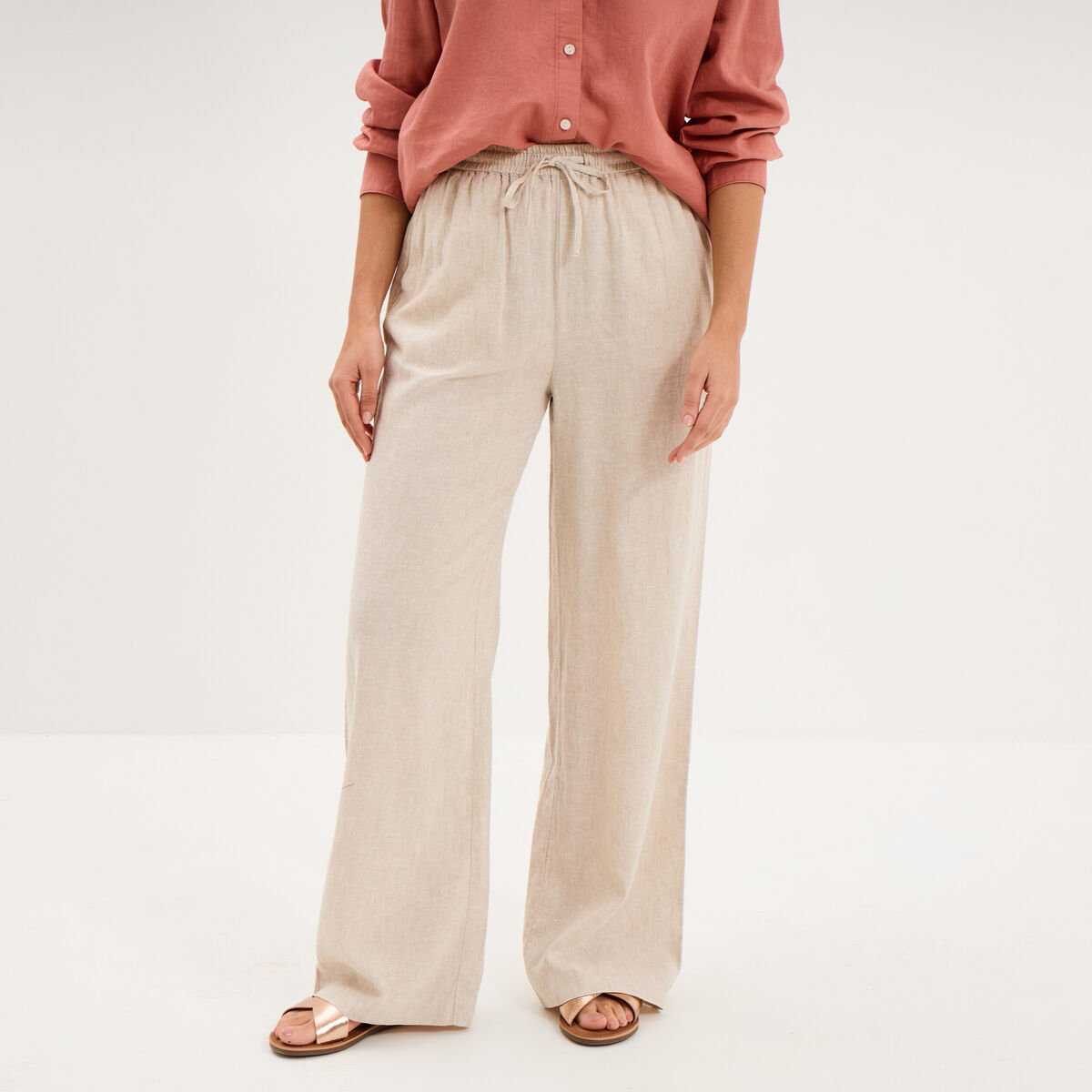 Pantalon large lin m&eacute;lang&eacute; beige femme