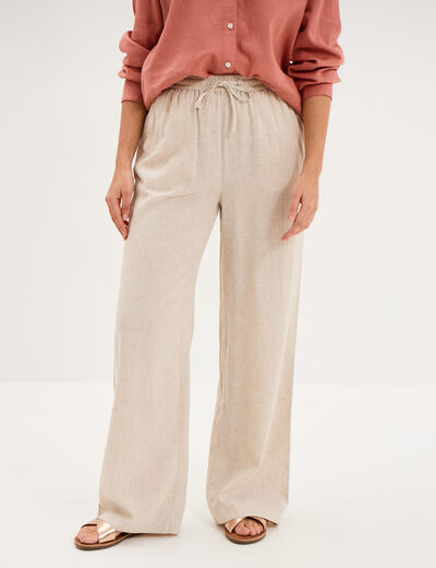 Pantalon large lin m&eacute;lang&eacute; beige femme
