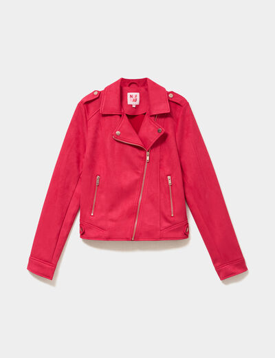Veste biker effet su&eacute;dine rose cerise femme