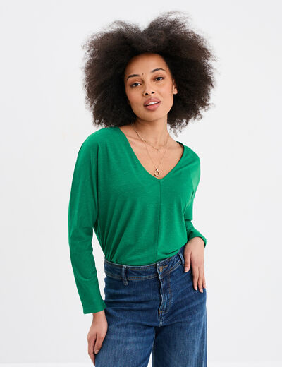 T-shirt col en V manches longues vert femme