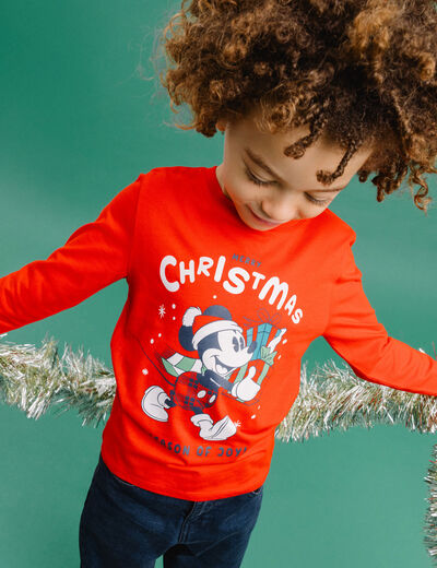 T-shirt manches longues No&euml;l Mickey rouge gar&ccedil;on