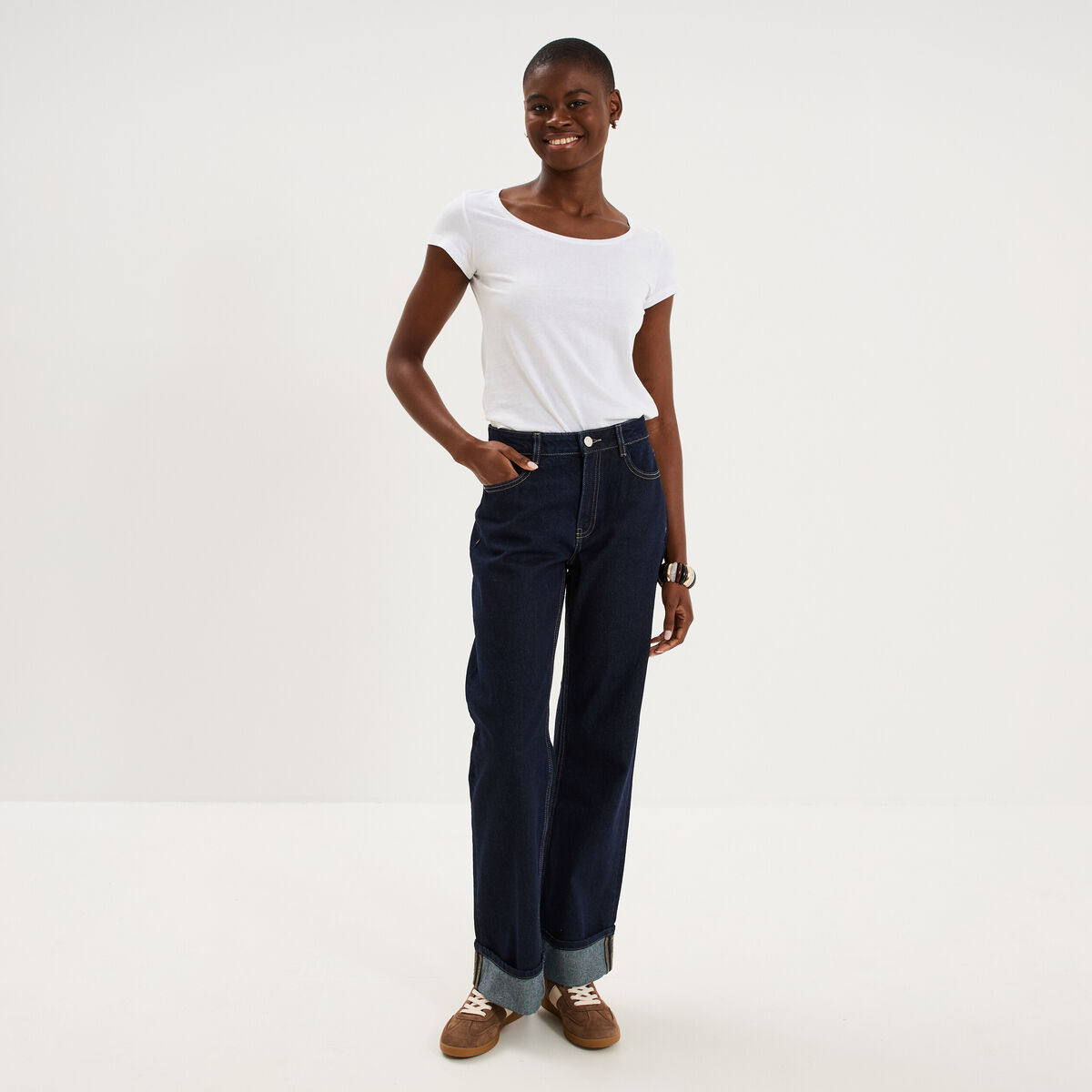 Jean droit bord revers 7/8&egrave;me denim brut femme