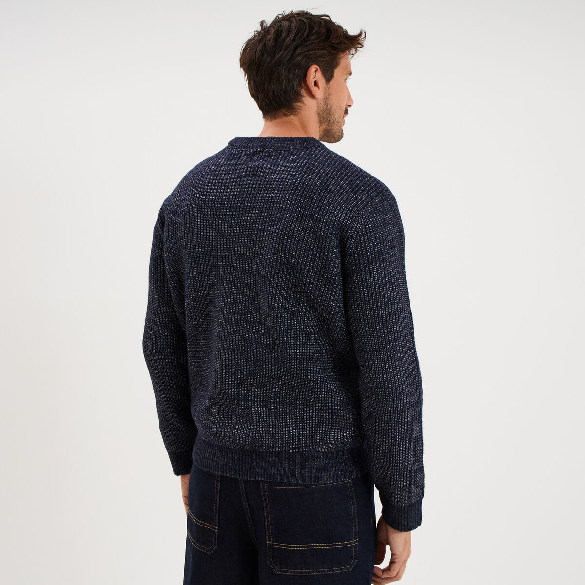 Pull col rond &agrave; manches longues bleu fonc&eacute; homme