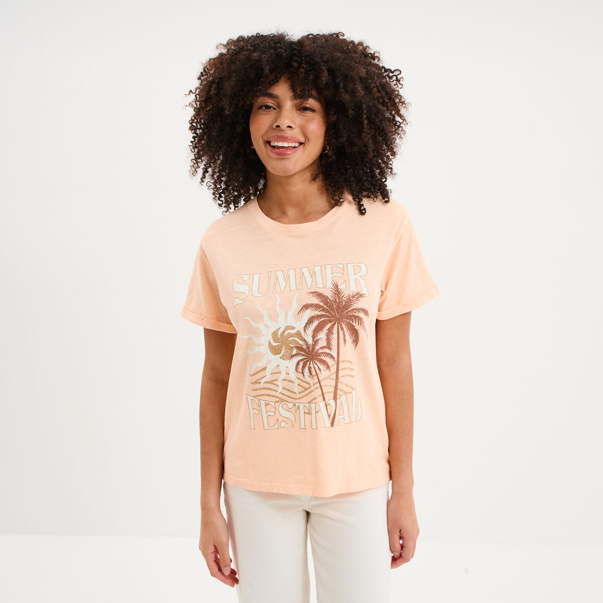 T-shirt manches courtes coton orange fluo femme