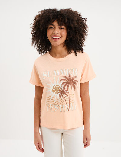T-shirt manches courtes coton orange fluo femme
