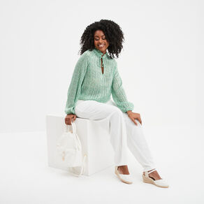 Blouse col froncé à cordons et volants vert femme