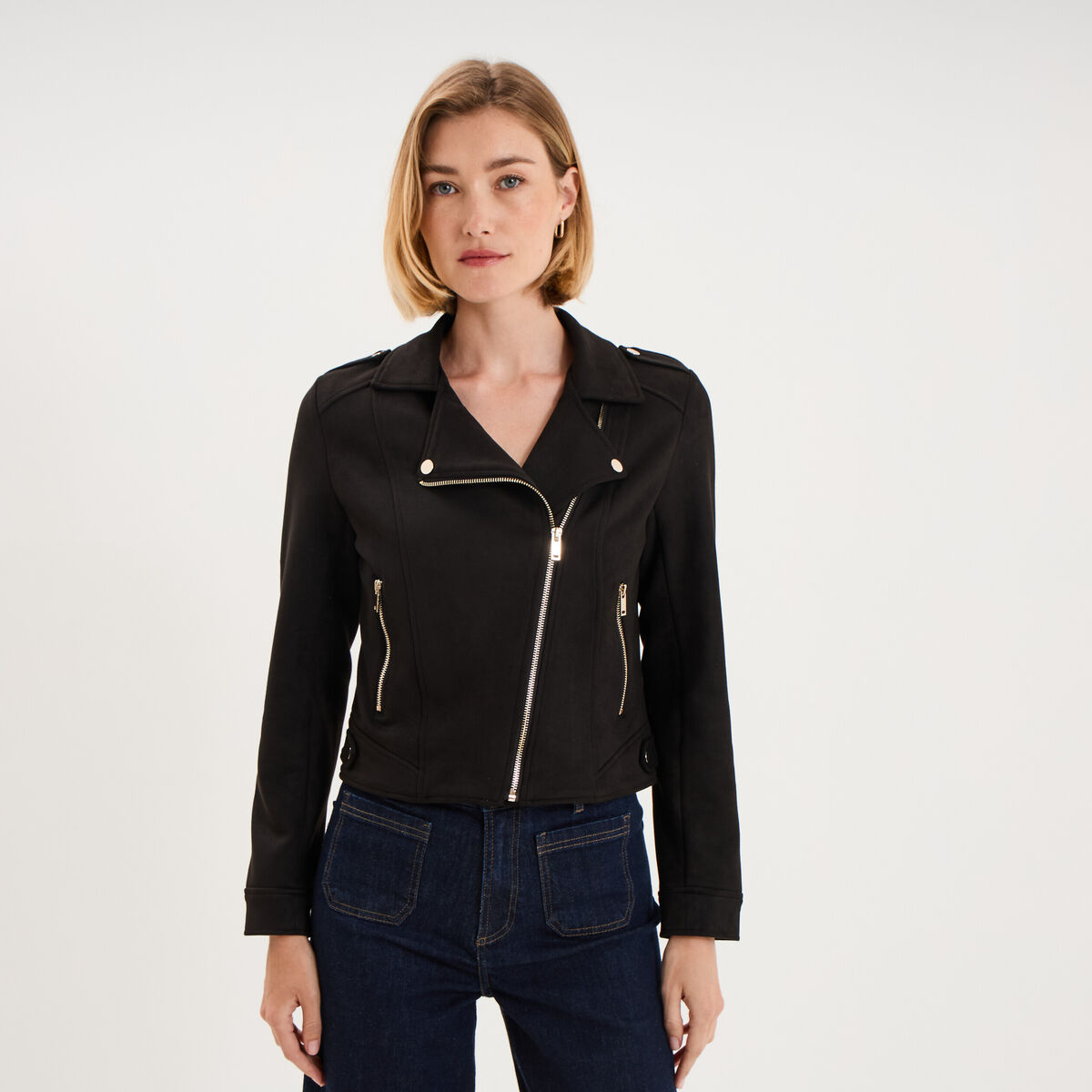 Veste biker effet su&eacute;dine noir femme