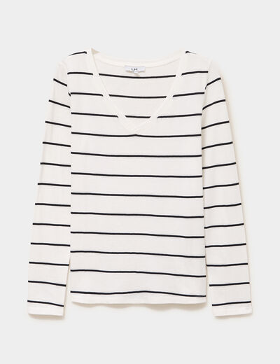 T-shirt col en V manches longues ecru femme