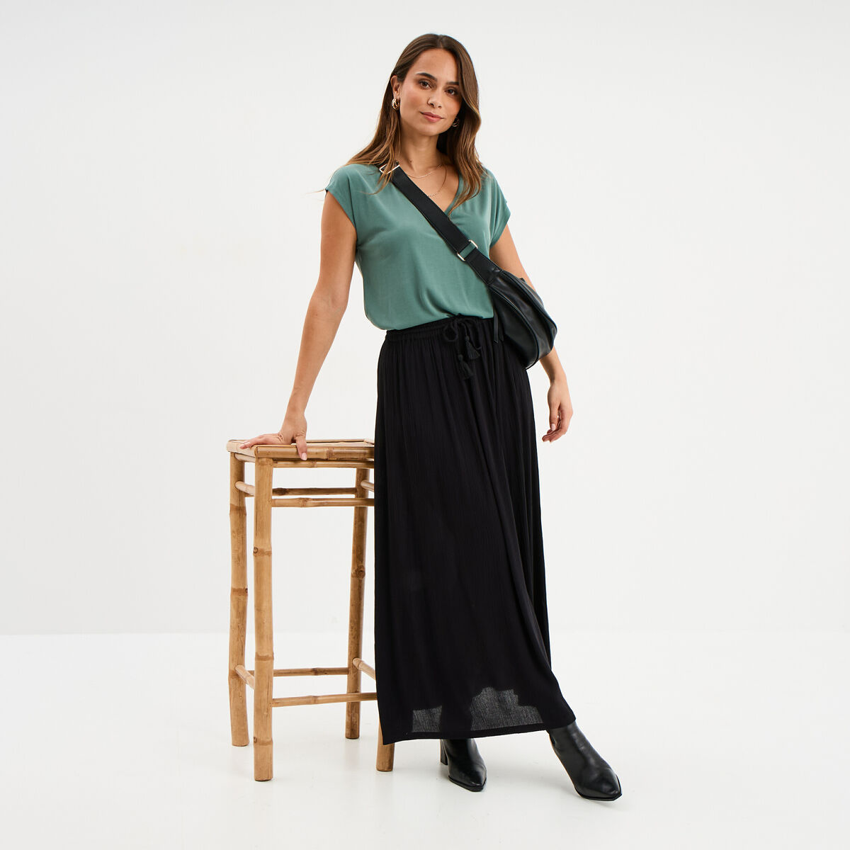 Jupe longue droite fluide noir femme
