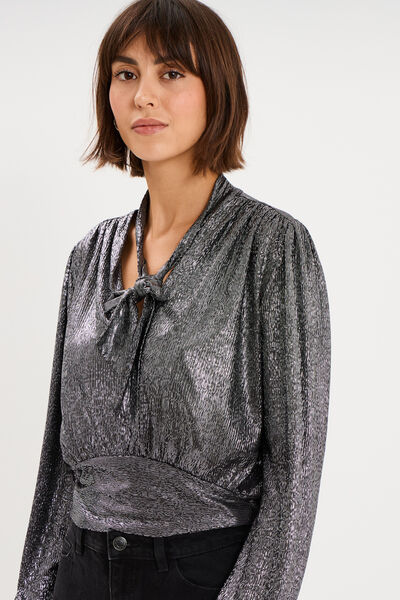 Blouse ajust&eacute;e col lavalli&egrave;re gris argent femme