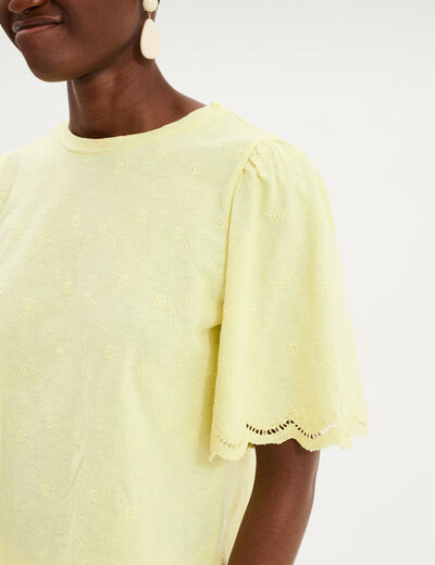 T-shirt brod&eacute; manches courtes coton jaune clair femme