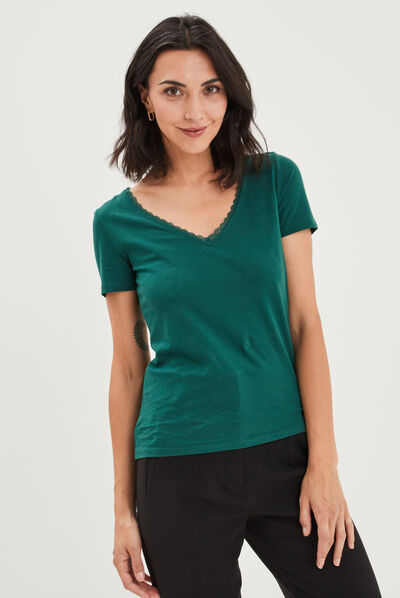 T-shirt dos dentelle boutonné col en V vert foncé femme