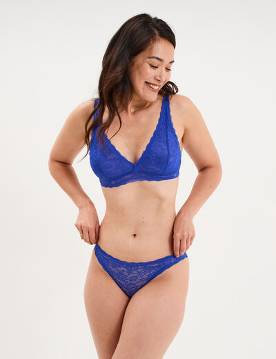 Tanga en dentelle doublure coton bleu electrique femme
