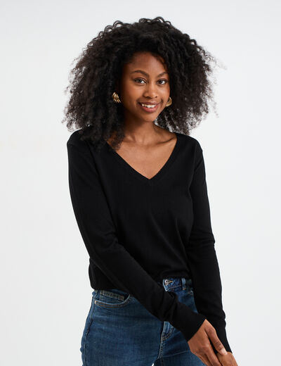 Pull col en V manches longues noir femme