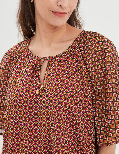 Blouse col tunisien avec cordons rose fushia femme