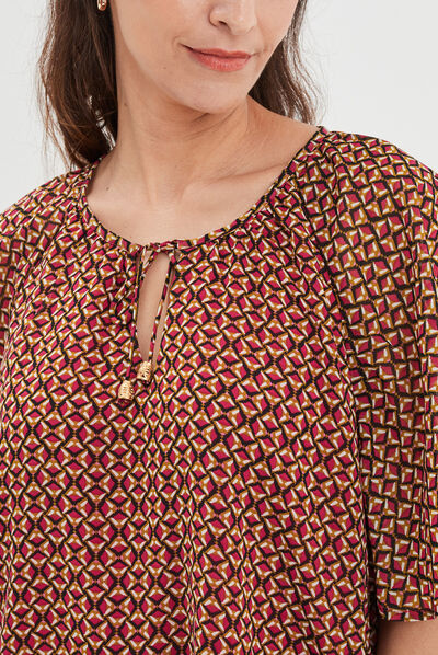 Blouse col tunisien avec cordons rose fushia femme