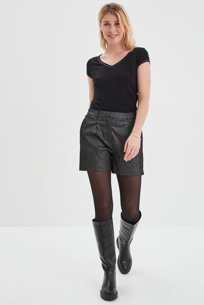 Short fils métallisés droit taille haute gris argent femme