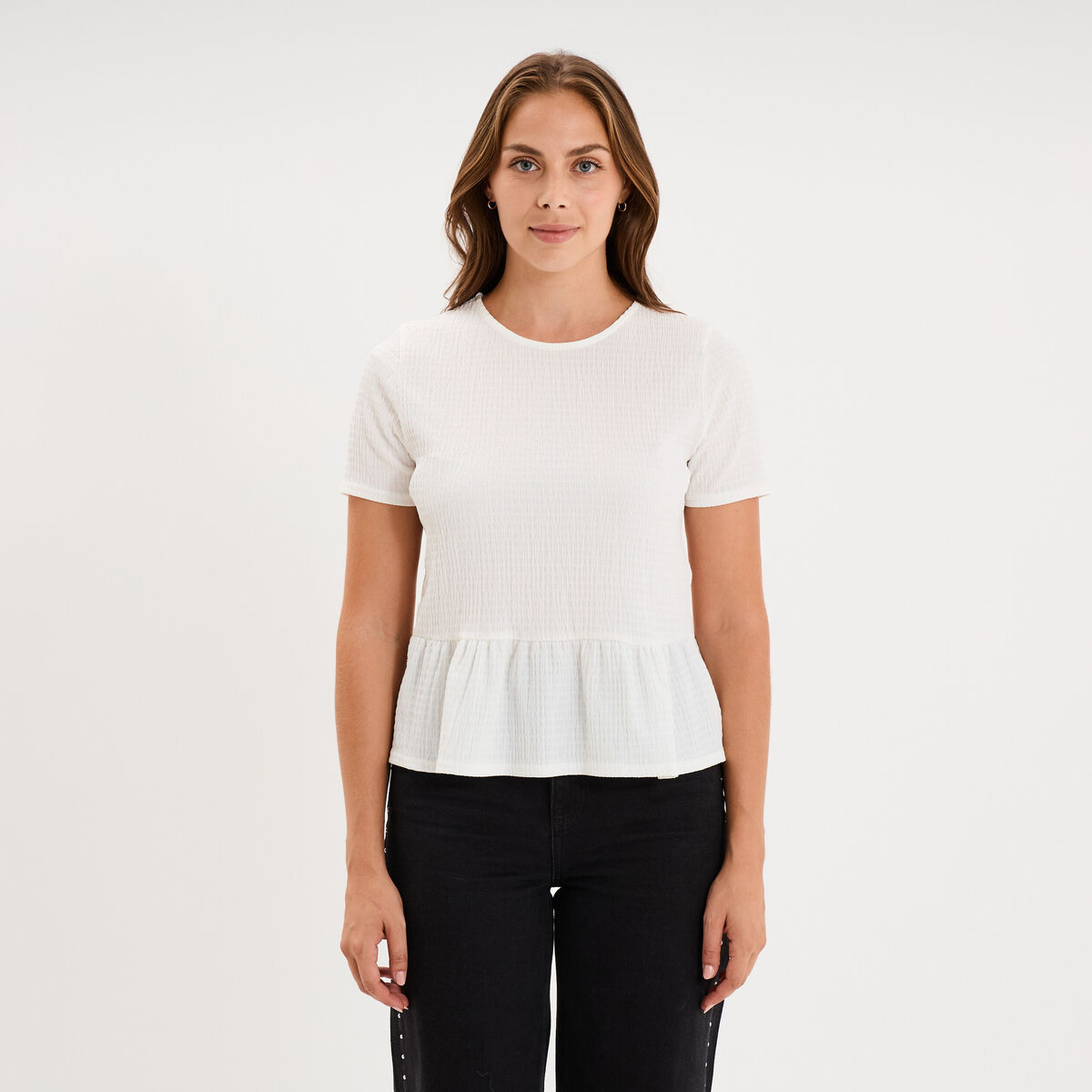 T-shirt gaufr&eacute; taille &agrave; volants blanc femme