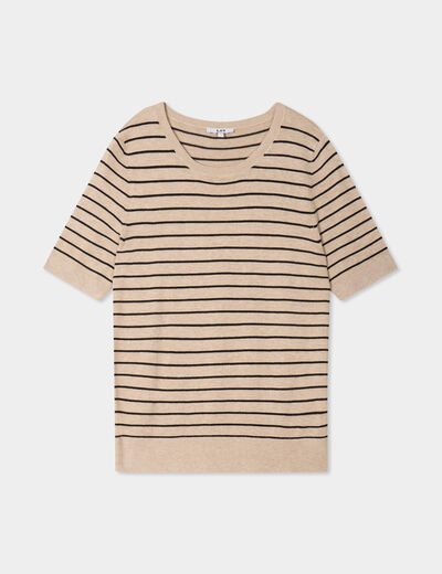 Pull manches courtes col rond beige femme