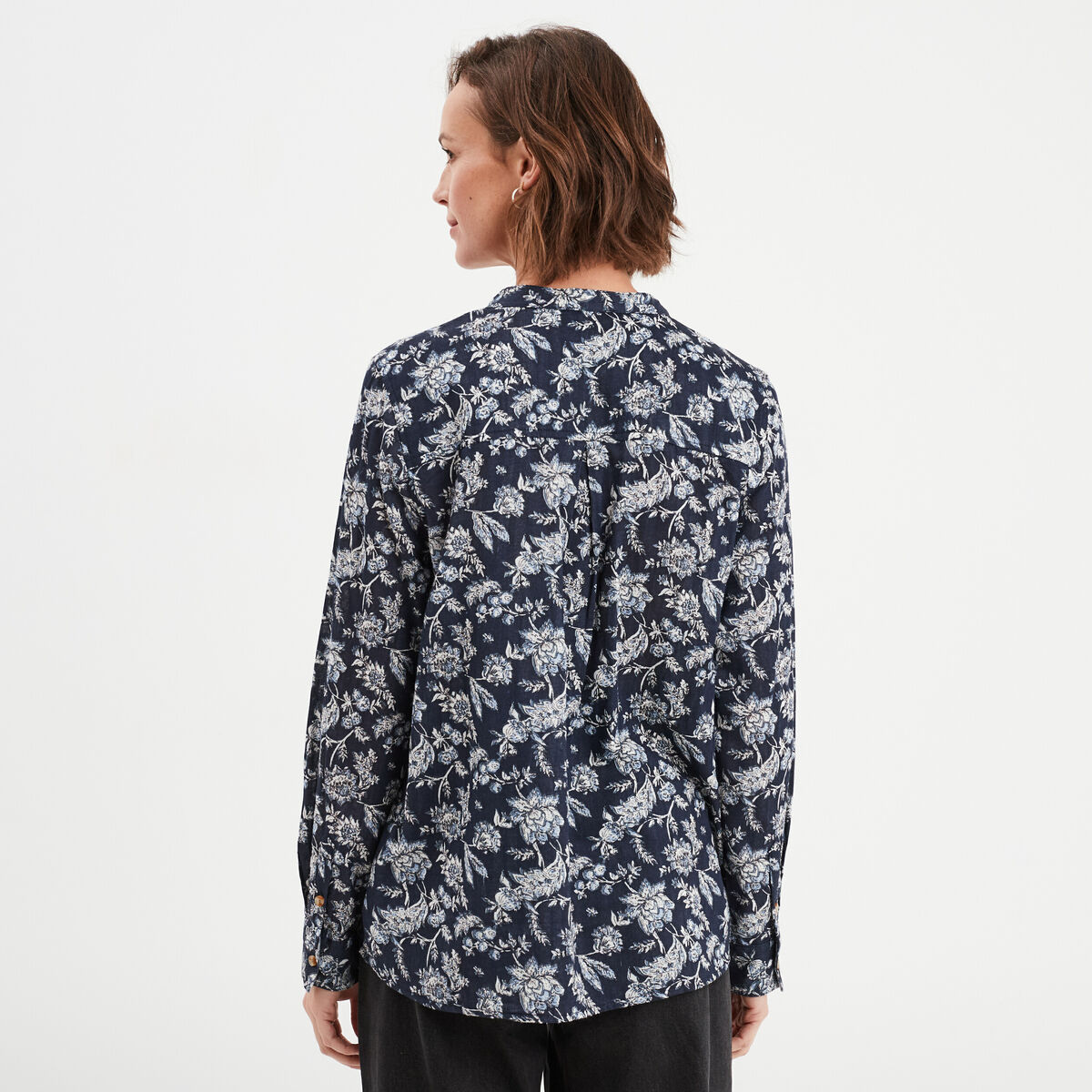 Chemise manches longues col mao bleu marine femme