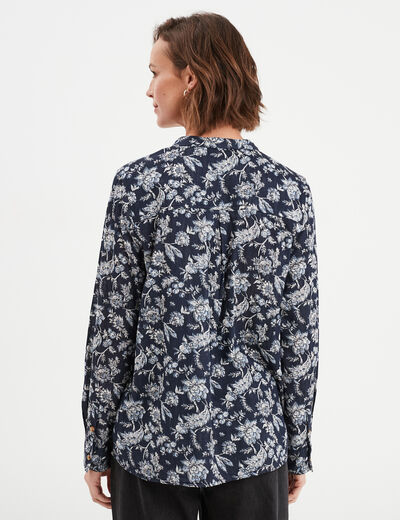 Chemise manches longues col mao bleu marine femme