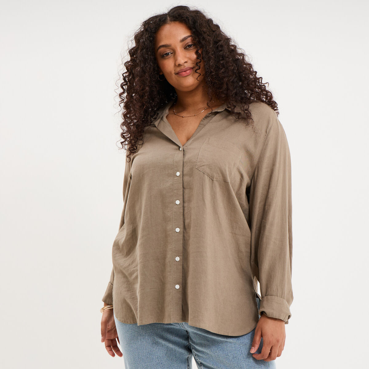 Chemise oversize lin m&eacute;lang&eacute; vert kaki femme grande taille